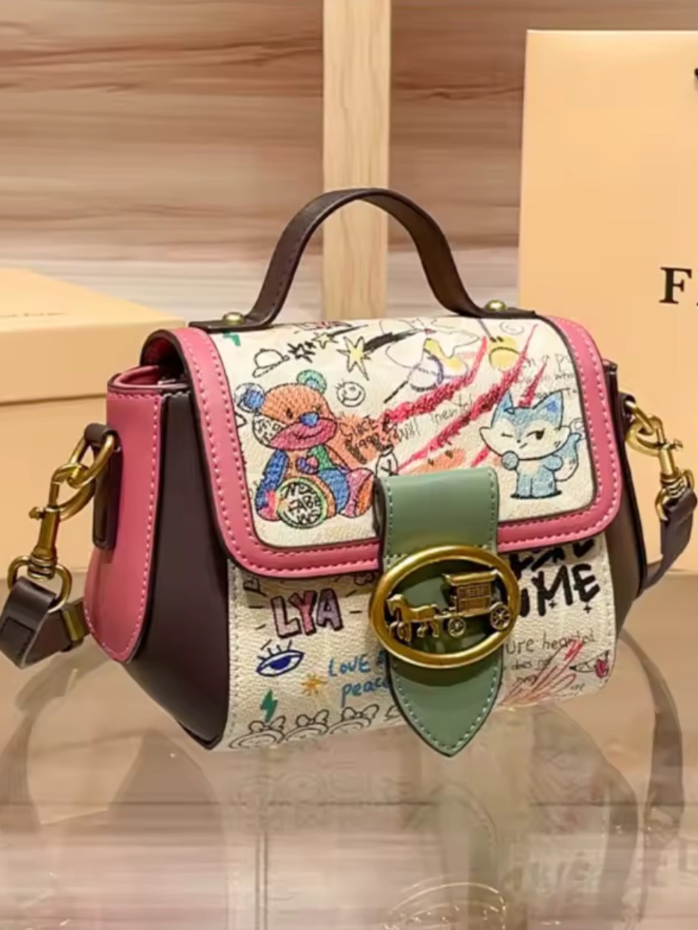 & Other Stories Multicolor Graffiti Crossbody Bag with Pink and Green Accents
